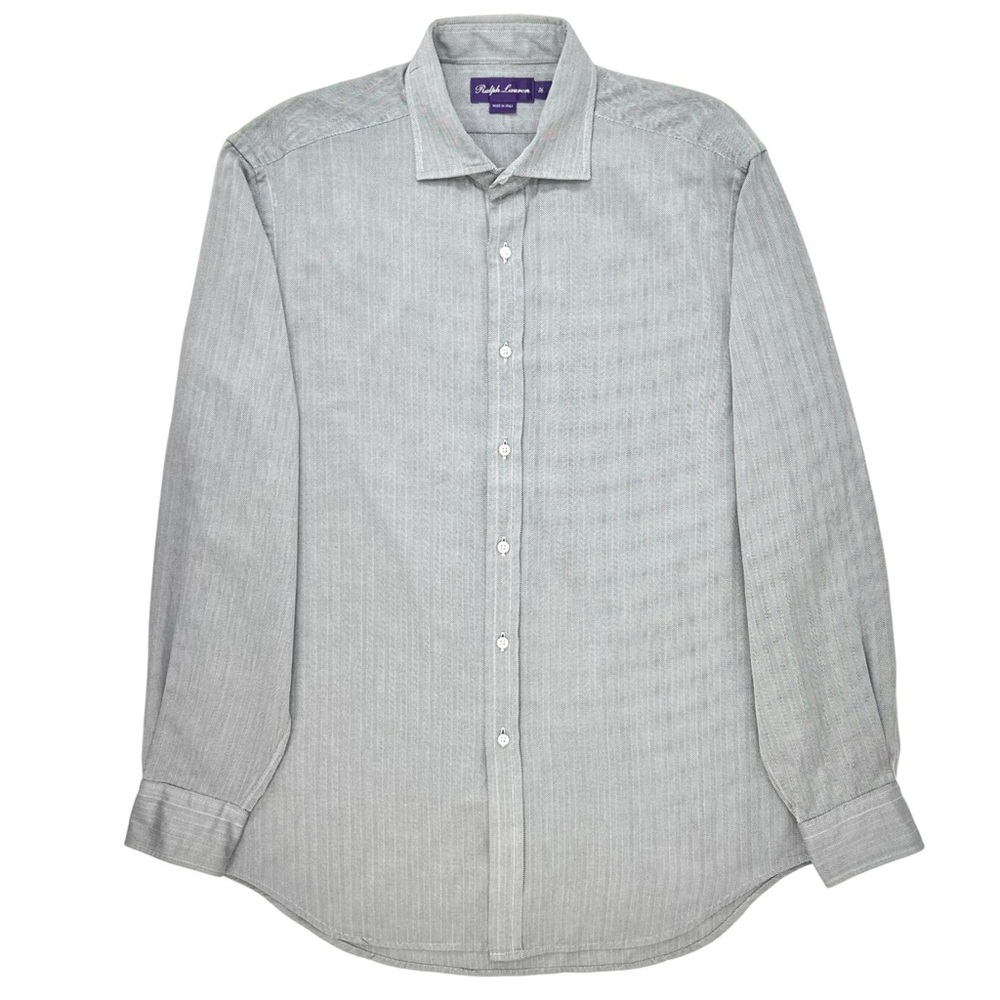RALPH LAUREN PURPLE LABEL Gray Chevron Printed Cotton Button Up Dress Shirt - 16